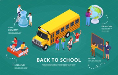 Sarı otobüs çocukları ve karatahta mataralı kitaplar ve metin vektör illüstrasyonuyla okula geri dön