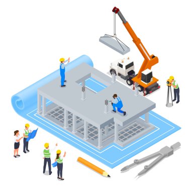 Yapı mühendisi izometrik kompozisyonu ve kağıt projesinin üzerine çizim aletleri vektör illüstrasyonunu ekleyin