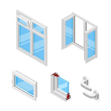 Farklı görünümlerdeki plastik pencereler izometrik simgeler izole vektör illüstrasyonunu ayarlar