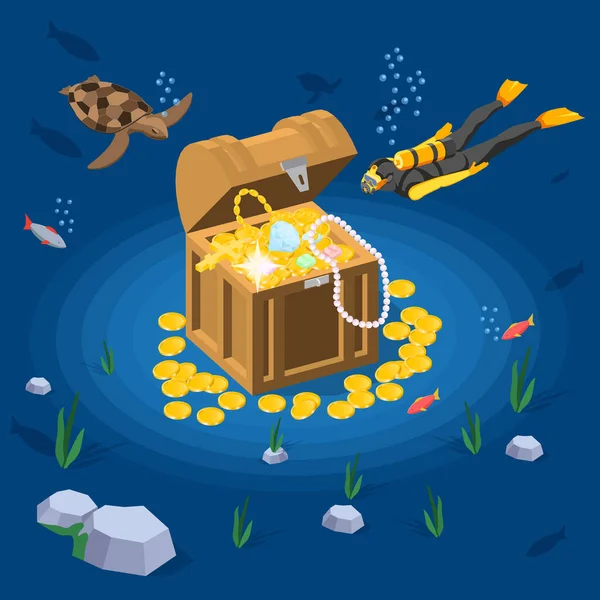 箱体3D构图 彩色潜水景物海龟潜水者 硬币和珠宝矢量图解 — 图库矢量图片