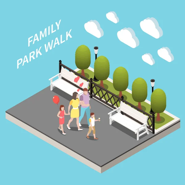 Familjesemester Isometrisk Bakgrund Med Föräldrar Och Deras Barn Promenader Stadsparken — Stock vektor
