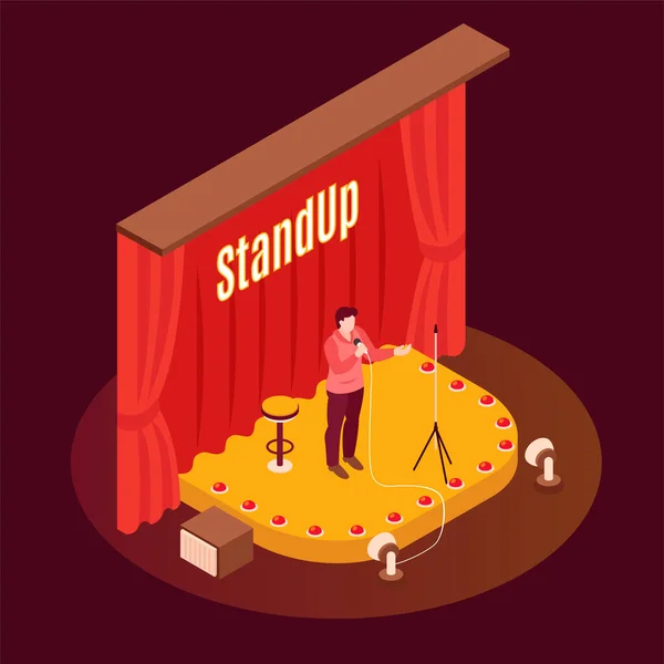 Man Standup Komiek Uitvoeren Het Podium Met Microfoon Isometrische Vector — Stockvector