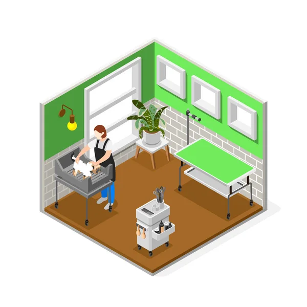 Grooming Salon Isometric Composition Indoor View Room Veterinarian Table Washing — Stock Vector