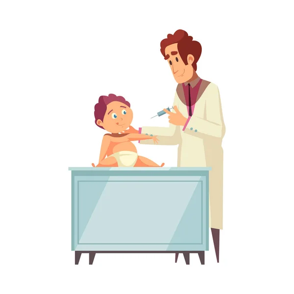 Icône Plate Vaccination Des Enfants Avec Médecin Donnant Injection Bébé — Image vectorielle