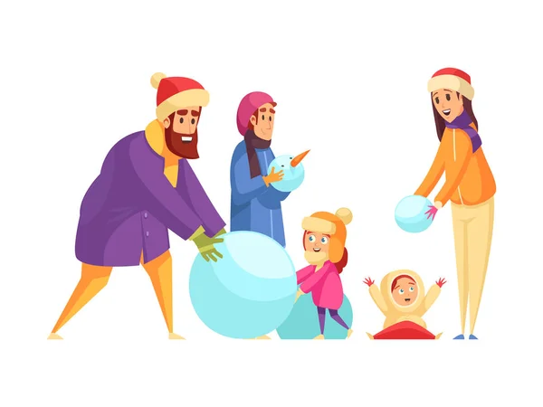 Happy Family Spending Active Holidays Making Snowman Children Flat Vector — Stock Vector