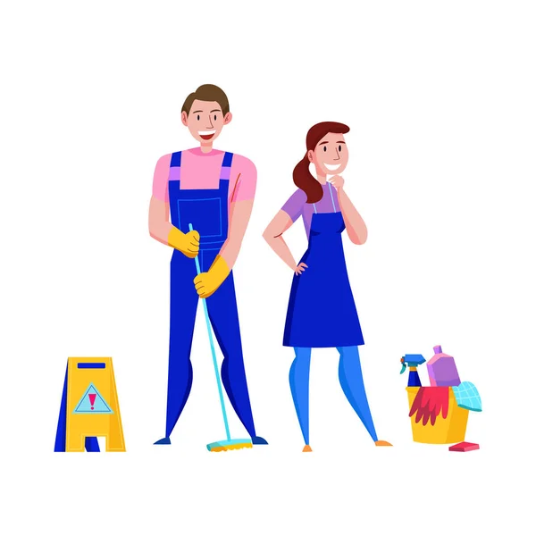 Dois Trabalhadores Limpeza Sorridentes Uniforme Com Ferramentas Para Arrumar Ilustração — Vetor de Stock