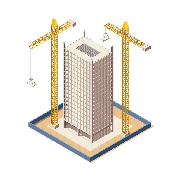 Κατασκευαστική Διαδικασία Ουρανοξύστη Ισομετρική Εικόνα Ημιτελές Κτίριο Και Δύο Γερανούς — Διανυσματικό Αρχείο