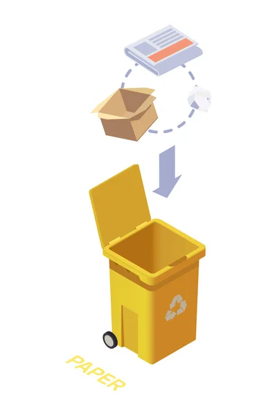 Izometrická Ikona Recyklace Odpadu Otevřeným Žlutým Kontejnerem Papírovým Odpadem Vektorová — Stockový vektor