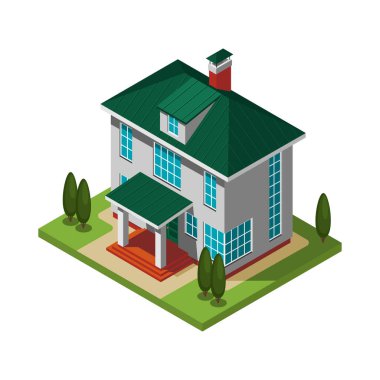 Yeşil bahçeli Isometric özel ev 3 boyutlu vektör illüstrasyonu
