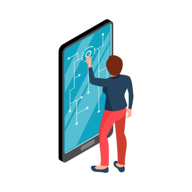 Ekran 3 boyutlu vektör illüstrasyonunda diyagramları olan akıllı telefon kullanan bir kadın ile Isometric iş konsepti