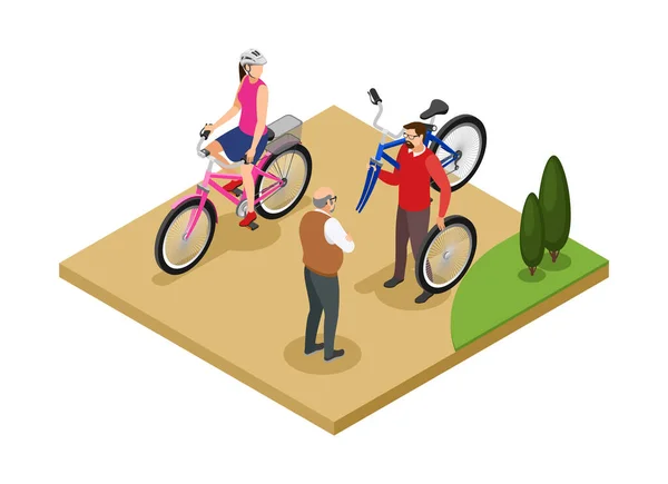 Люди Їдуть Велосипедах Міському Парку Ізометрична Композиція Векторні Ілюстрації — стоковий вектор