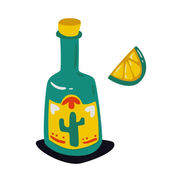 Botella Plana Tequila Mexicano Con Rebanada Ilustración Vectorial Aislada Cal — Vector de stock