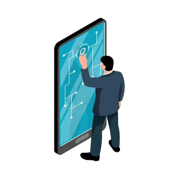 Businessman Touching Smartphone Screen Diagram Isometric Concept Vector Illustration — Stock Vector