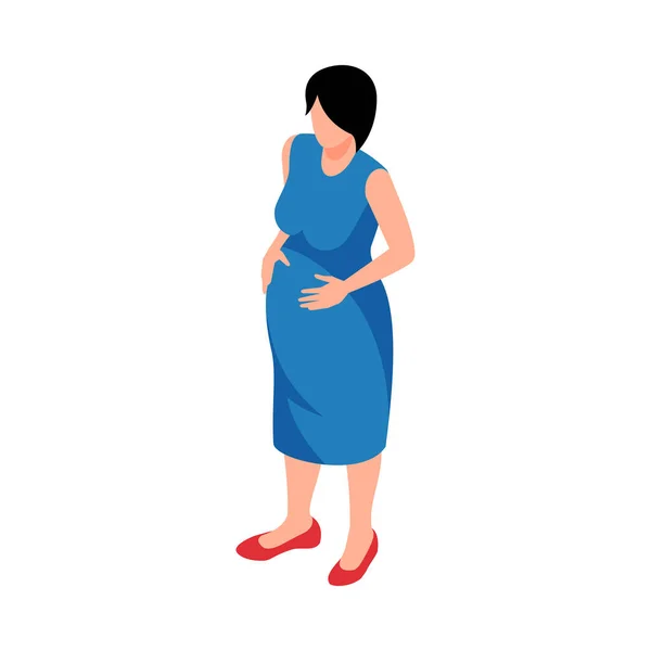Izometrická Mladá Těhotná Žena Modrých Šatech Vektorové Ilustrace — Stockový vektor