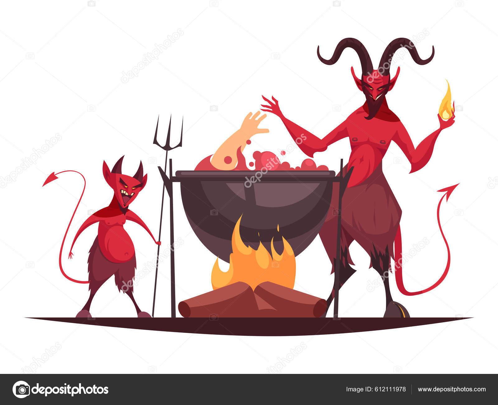 Desenho de Pequeno Demônio Vermelho Segurando uma Forquilha e Fumando um  Charuto em Frente ao Fogo e Inferno para colorir