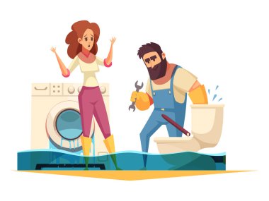 Su basmış banyo karikatürü çizimlerinde su sızdıran klozeti tamir ediyor.