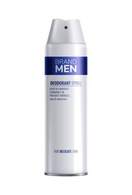 Erkekler deodorant sprey şişesi beyaz ve mavi renkli gerçekçi vektör çizimi