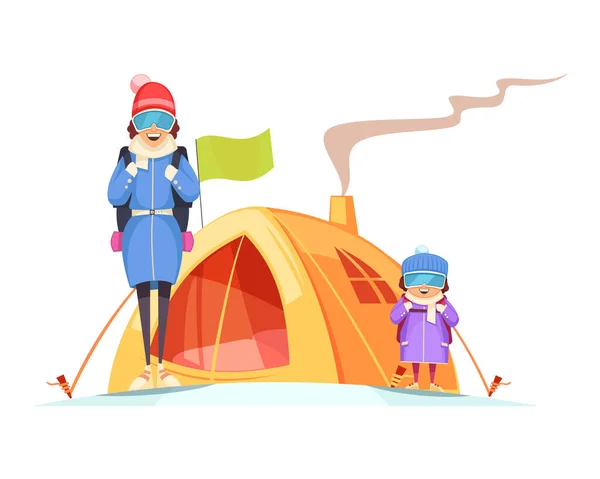 Ορειβασία Έννοια Κινουμένων Σχεδίων Ευτυχισμένη Μαμά Και Παιδί Mount Ορειβάτες — Διανυσματικό Αρχείο