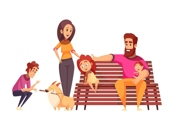 Familia Feliz Caminando Parque Con Perro Plana Vector Ilustración — Archivo Imágenes Vectoriales