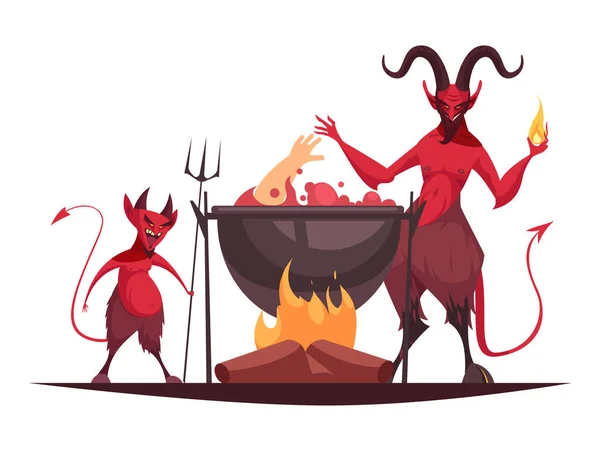悪キャラクター漫画のコンセプトとともに二悪魔で地獄の人間の手で釜のベクトルイラスト — ストックベクタ