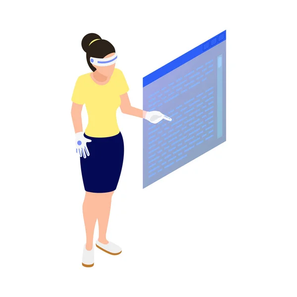 Žena Používající Rozšířenou Realitu Headset Interakci Virtuální Obrazovky Izometrické Vektorové — Stockový vektor