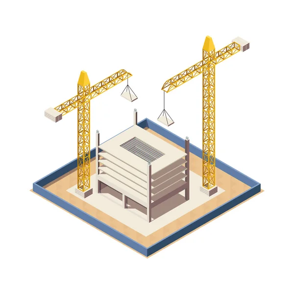 Багатоповерховий Житловий Будівельний Майданчик Двома Кранами Ізометрична Векторна Ілюстрація — стоковий вектор