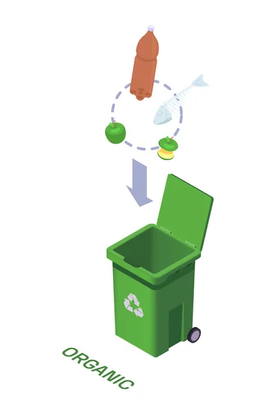 Reciclagem Lixo Ícone Isométrico Com Recipiente Verde Para Resíduos Orgânicos — Vetor de Stock