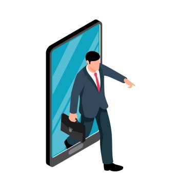 Akıllı telefon ekranı 3D vektör illüstrasyonunun dışına çıkan iş adamı konsepti