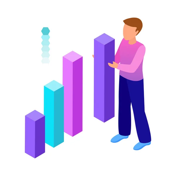 Isometrische Business Analytics Icoon Met Menselijk Karakter Kleurrijke Bar Grafieken — Stockvector