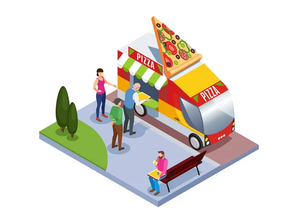 Isometrische Fast Food Truck Samenstelling Met Mensen Die Pizza Kopen — Stockvector