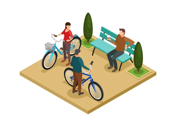 城市公园 男人在长椅上喝咖啡 骑自行车的人等量合成3D矢量图 — 图库矢量图片