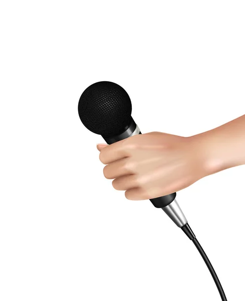 Beyaz Arkaplan Gerçekçi Vektör Illüstrasyonunda Profesyonel Mikrofon Insan Elinde — Stok Vektör