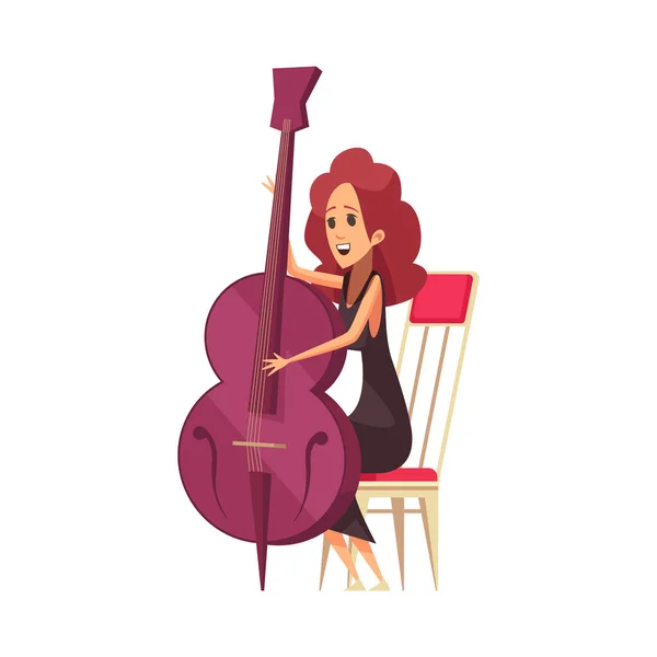 Músico Orquestra Feminina Desenhos Animados Tocando Ilustração Vetorial Contrabaixo — Vetor de Stock