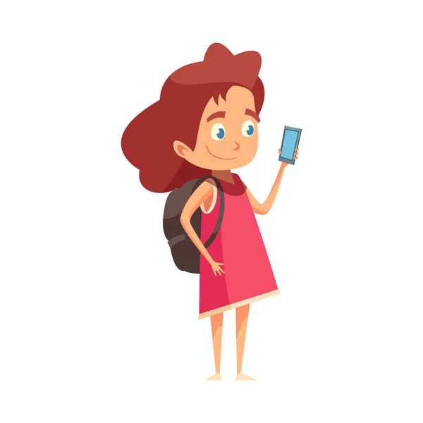 Cartoon Mädchen Mit Schultasche Und Smartphone Vektor Illustration — Stockvektor