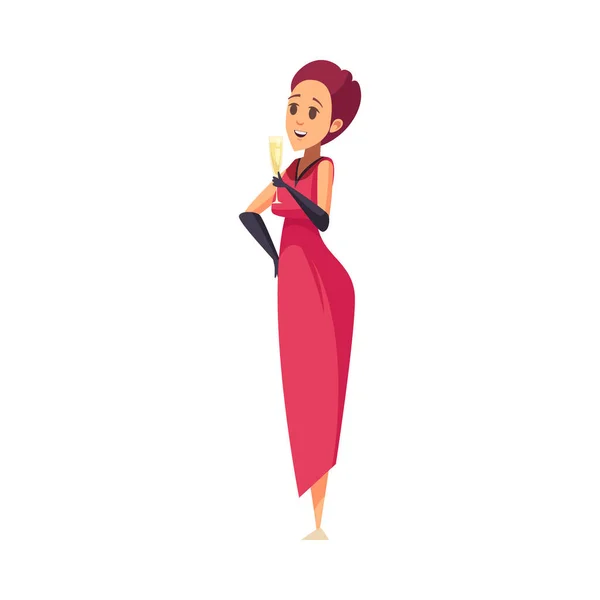 Donna Dei Cartoni Animati Che Indossa Vestito Rosa Con Bicchiere — Vettoriale Stock