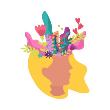 Başındaki düz vektör çiziminde çiçek açan sarışın kız yüzü.