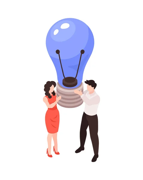 Teamwork Und Brainstorming Isometrisches Konzept Mit Zwei Personen Die Glühbirnen — Stockvektor