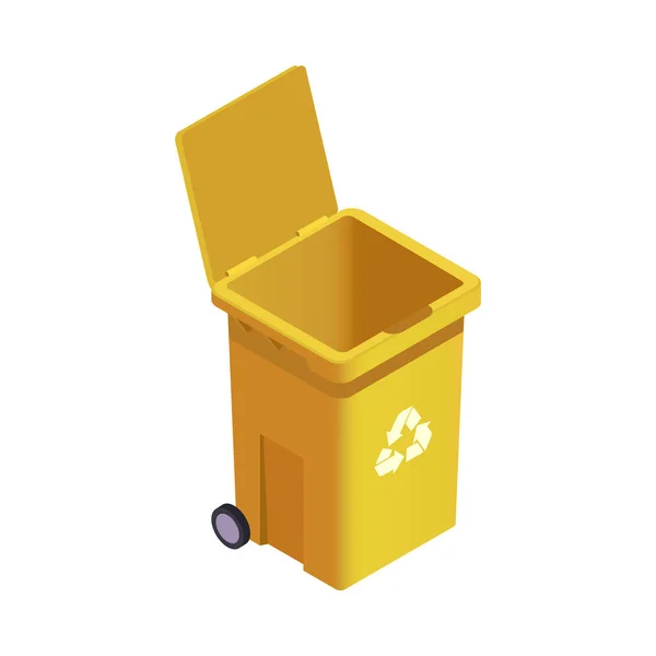 Isométrico Cubo Basura Color Amarillo Abierto Con Símbolo Reciclaje Vector — Vector de stock