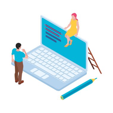 Dizüstü bilgisayar ve üç boyutlu vektör illüstrasyonunda birlikte çalışan iki karakter ile izometrik zaman yönetimi planlama işbirliği kavramı