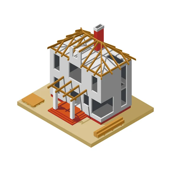 Isometric Processus Construction Maison Privée Illustration Vectorielle Icône — Image vectorielle