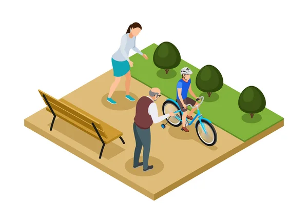 Niño Casco Aprendiendo Montar Bicicleta Cuatro Ruedas Parque Con Familia — Vector de stock