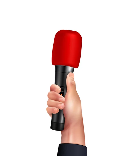 Реалістична Рука Людини Тримає Професійний Бездротовий Червоний Мікрофон Векторні Ілюстрації — стоковий вектор
