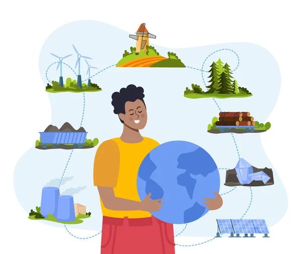 Renewable Nonrenewable World Resources Design Concept Man Holding Globe Surrounded — Stock Vector