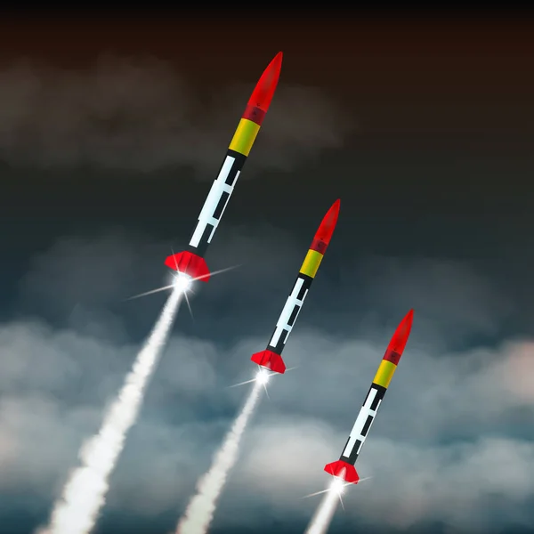 Trois Missiles Lancés Contre Ciel Sombre Avec Des Nuages Composition — Image vectorielle