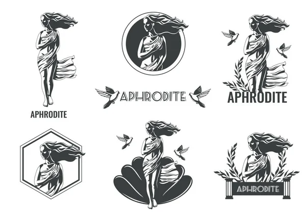 Afrodyta Grecki Olimpijski Bogini Emblematy Różnym Kształcie Płaski Zestaw Odizolowany — Wektor stockowy