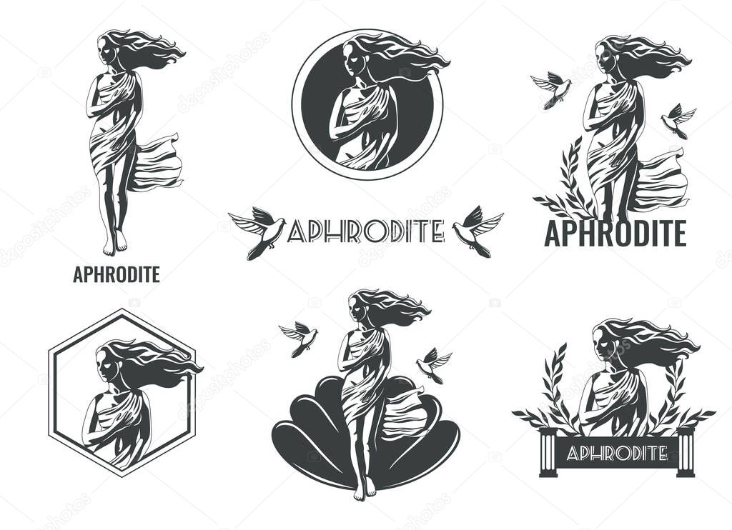 Aphrodite greek olympian goddess emblems of different shape flat set isolated vector illustration