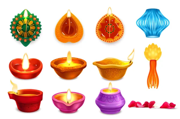 Realistické Ikony Diwali Tradičními Lampami Dalšími Symboly Izolované Vektorové Ilustrace — Stockový vektor