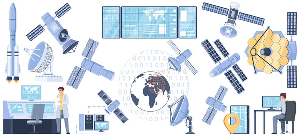 Iconos Concepto Satélites Con Símbolos Exploración Espacial Ilustración Vectorial Plana — Vector de stock