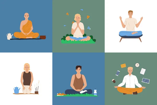 Mindfulness Meditazione Piatto Insieme Con Persone Che Meditano Posizione Loto — Vettoriale Stock