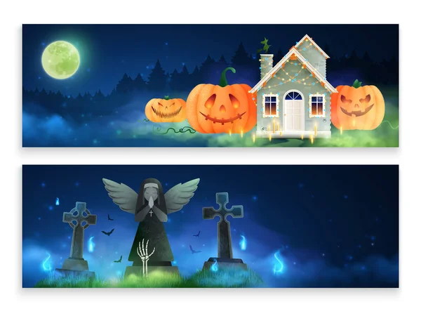 Halloween Coloridas Pancartas Horizontales Con Cruces Tumbas Viejos Espíritus Cementerio — Archivo Imágenes Vectoriales